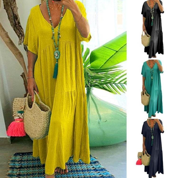 Solid Color V Neck Casual Long Dress Women Simple Style Cotton Baggy 1Pc