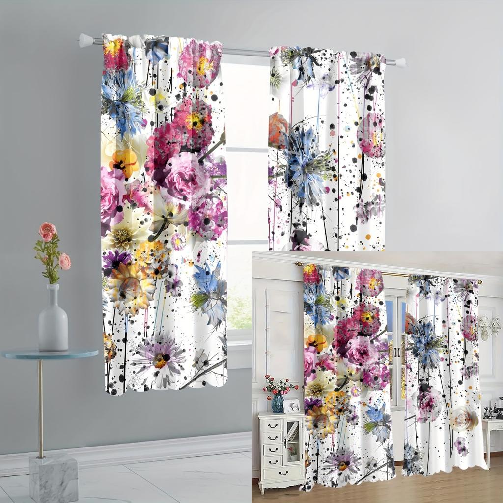 2 Stück Ganzjahres Universal Bunt Floral Blumen Romantisch Floral Digital Bedruckte Vorhänge Stangentasche Vorhang Wohnzimmer Dekor