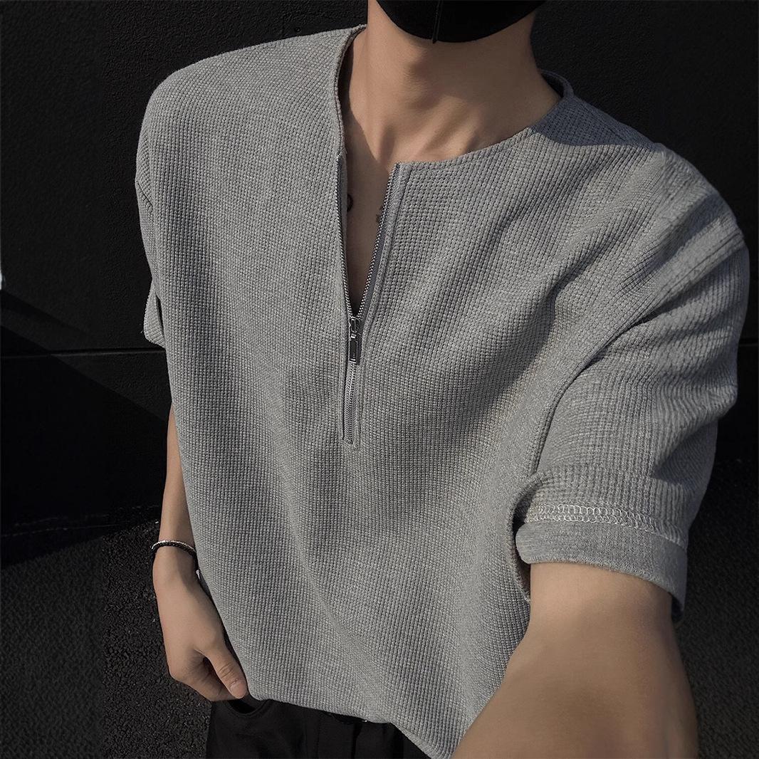 Waffle Half Zipper T-shirt Men s Short Sleeve Summer Trendy Men s Summer Style American Henry Shirt Half Sleeve T-shirt M серый 1400₽