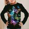 Spring and Autumn Round Neck Butterfly Pattern 3D Printed Top Fashionable Casual Long Sleeved Children's Girl T-shirts