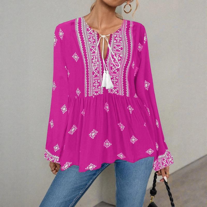 

DAFIFY Женские модные повседневные весенне-осенние блузки и рубашки с круглым вырезом с длинными рукавами XL маджента