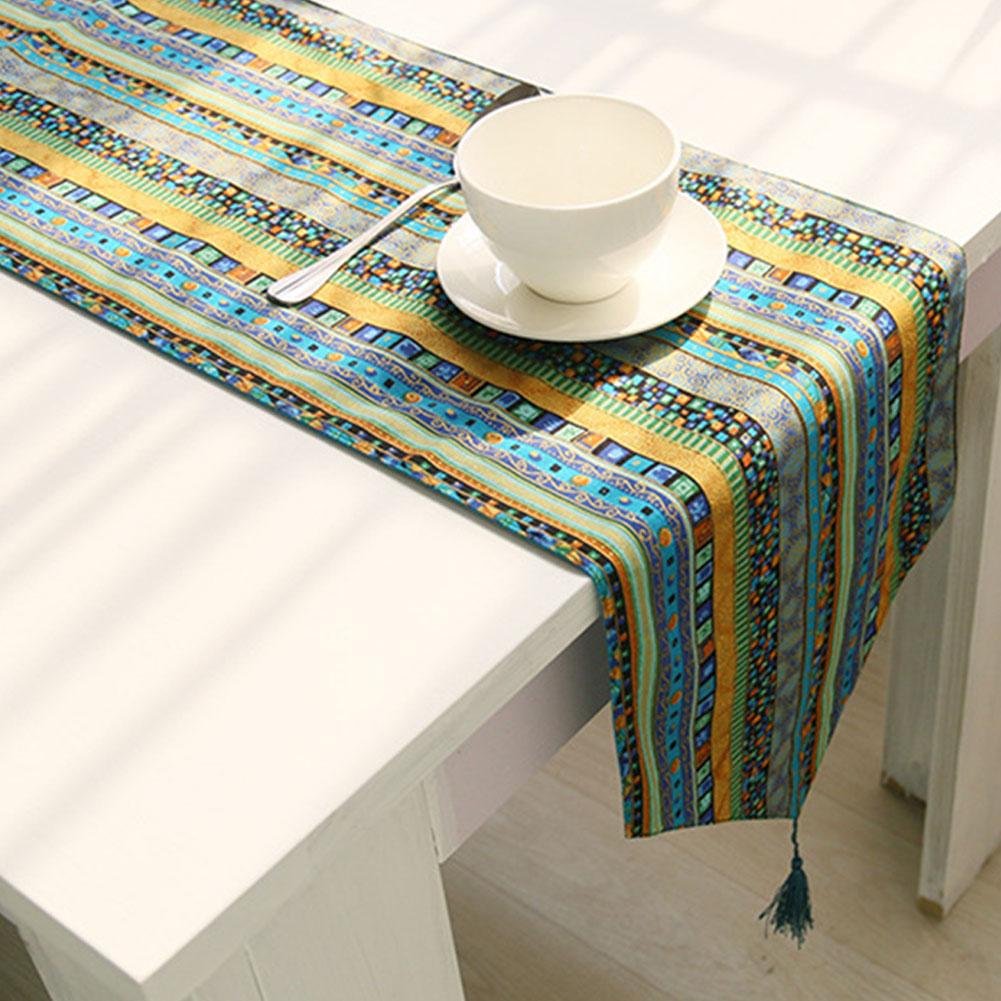 ראנר שולחן דגל שולחן פסים מכותנה ופשתן לאומי עם ציציות לקישוט שולחן ביתי