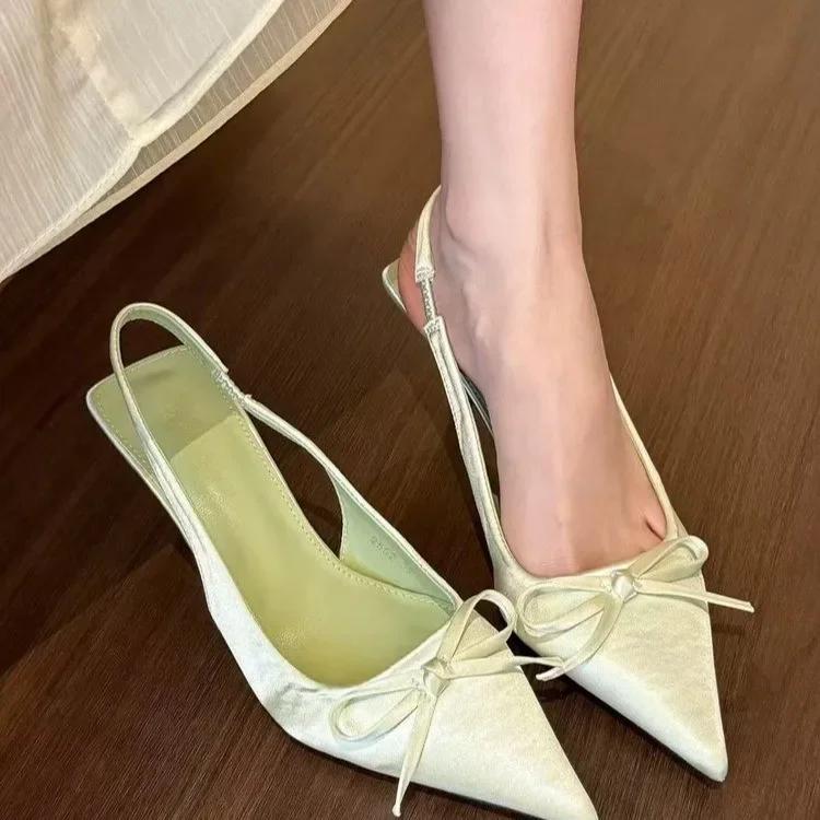 Fashion New Stylefamous Brand Plus Size Bow Pointed Bag Solid Color Vacant One-Row Thin High Heels Sandals
