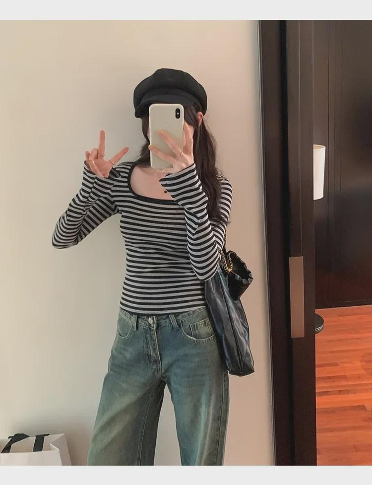 Women's Contrast Collar Striped Long-Sleeve T-Shirt - Autumn 2024 Slim Fit Design