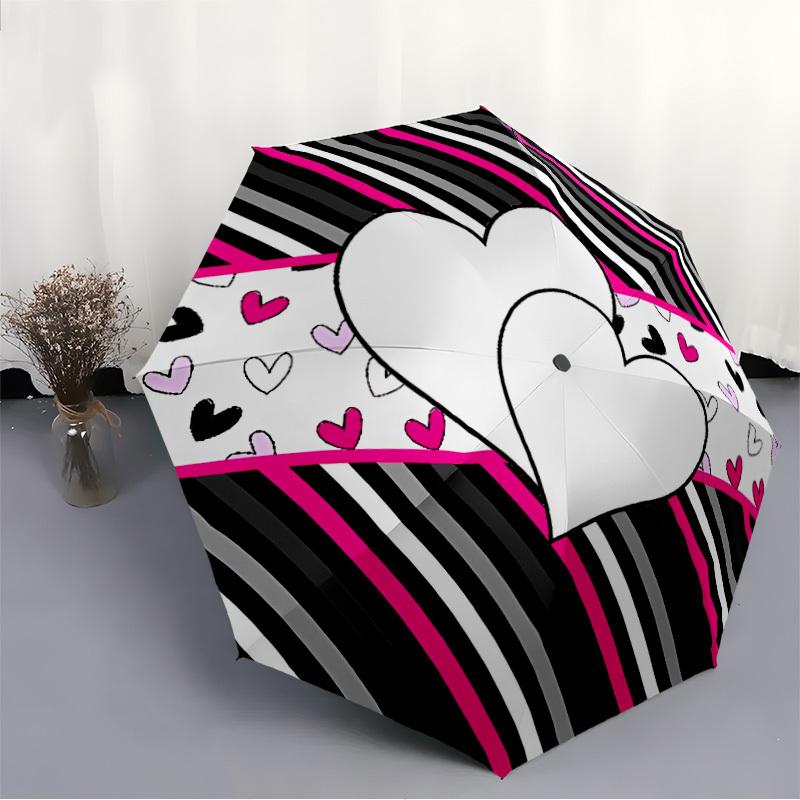 1pc Heart Print Auto-Fold Umbrella with One-Touch Open/Close - 8 Reinforced Ribs for Windproof Stability,  Yy251118241