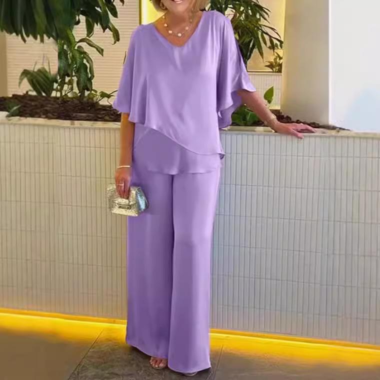 Plus Size V-Neck Solid Color Casual Set with Irregular Hem (2024)