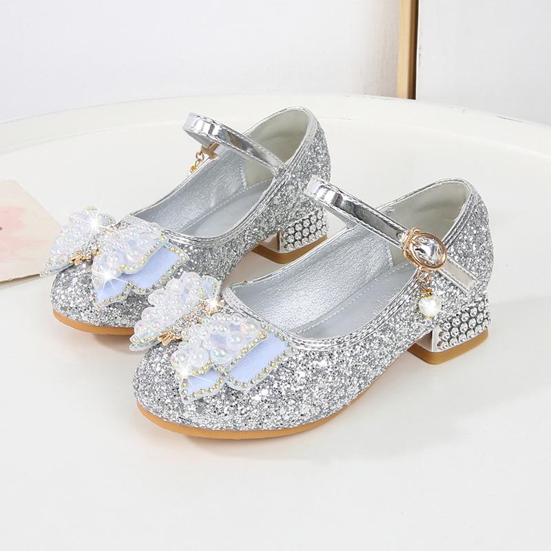 

Girls high heels spring and autumn new children s princess shoes little girl single shoes baby leather shoes medium and older children s Aisha shoes 38 срібний