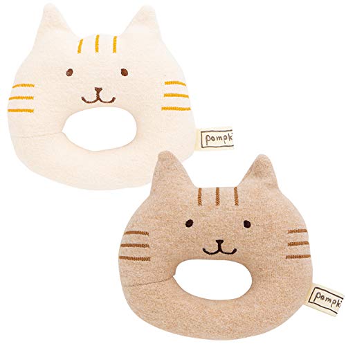 Y-1289 pompkins BABY 100% Organic Cotton [Kitty Series] Rattle, Made in Japan (Brown)