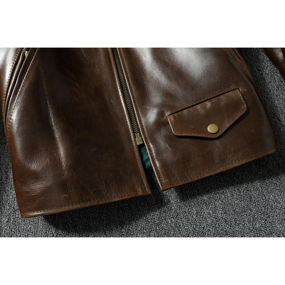 Chinese Size Style RL Top Layer Oil Waxed Cowhide Real Leather Jacket Men Stand Collar Brown Coat Men's Biker Jacket Spring Autumn