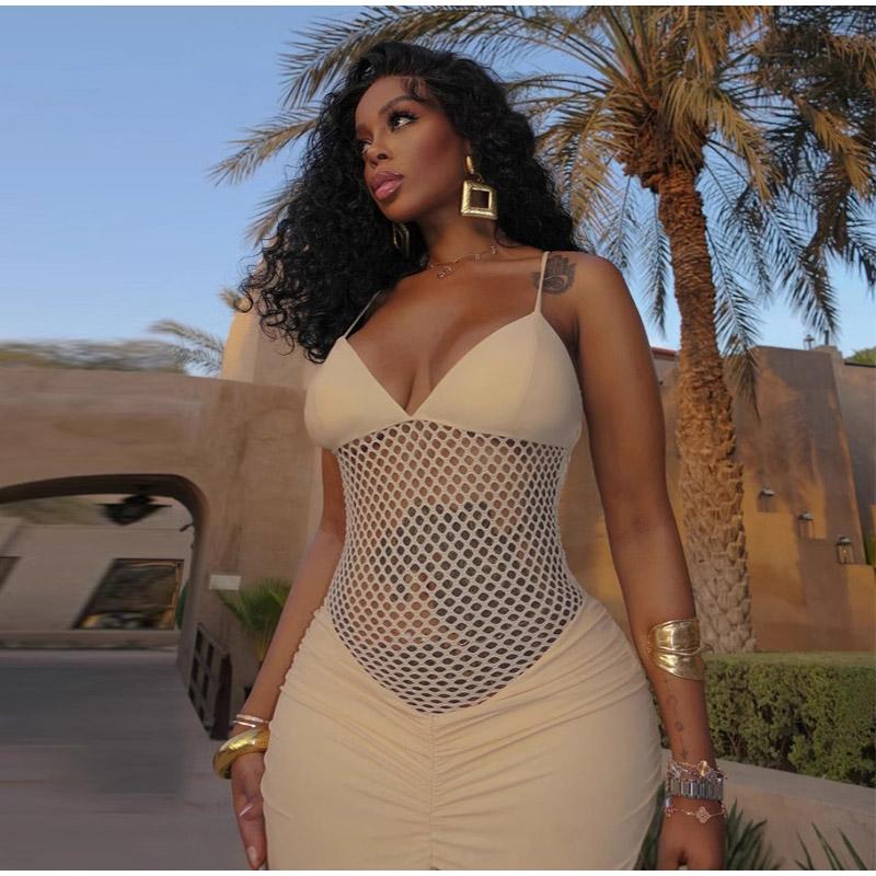 Hollow Out See-through Long Dress Women Holiday Tassels High Waist Sleeveless Strap Dresses Female Backless Evening Club  Robe