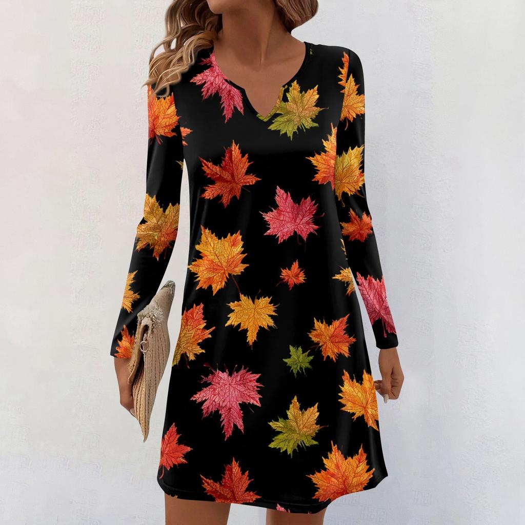 Women's Long-sleeved Casual Midi Dresses V-Neck Print  Casual Dress