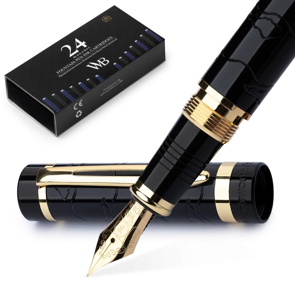 Wordsworth Black Primoli Fountain Pen Set Fine Gift 24 Ink Smooth and & [Black Gold]; Nib, Case, Cartridges, Converter, Manual; Journaling,