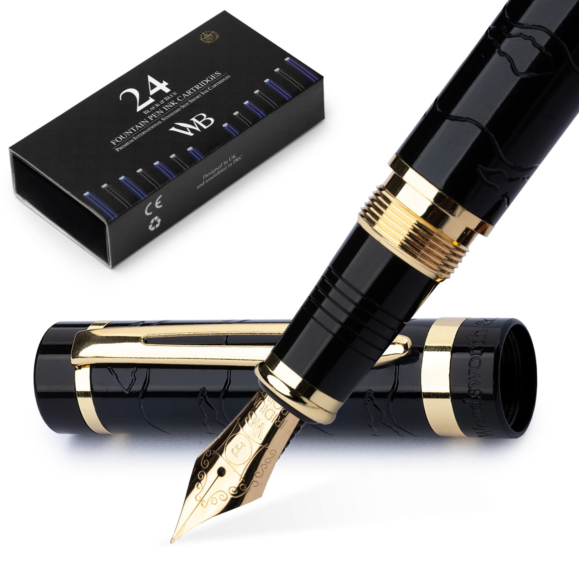 

Wordsworth Black Primoli Fountain Pen Set Fine Gift 24 Ink Smooth and & [Black Gold]; Nib, Case, Cartridges, Converter, Manual; Journaling,