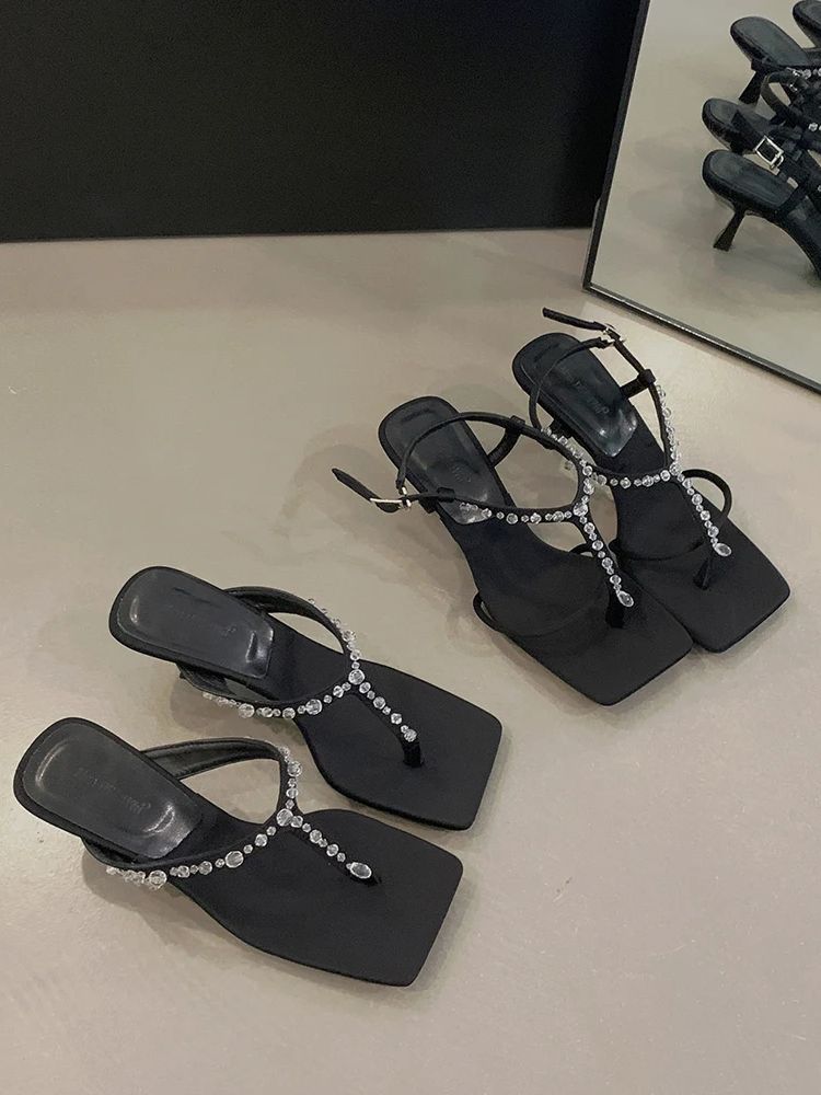 Fashion Rhinestone Chain Women Sandals Summer Outside Dress Shoes Thin High Heels Party Pumps Ankle Strap Sandals Slides Size 35-39