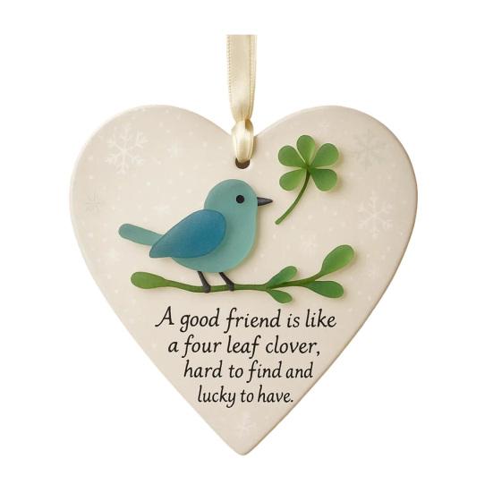 Heart Shaped Sea Glass Friendship Decor Sea Glass Bird And Four Leaf Clover Heart Ornament for Xmas Tree Friendship Keepsake for Best Friends