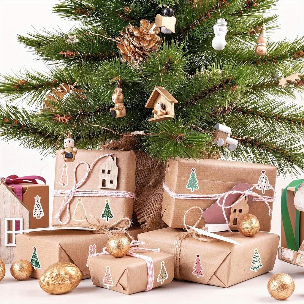 500pcs Christmas Boho Stickers - Pastel Christmas Tree Decals with Pine Trees, Polka Dots, Floral Bows - Self-Adhesive