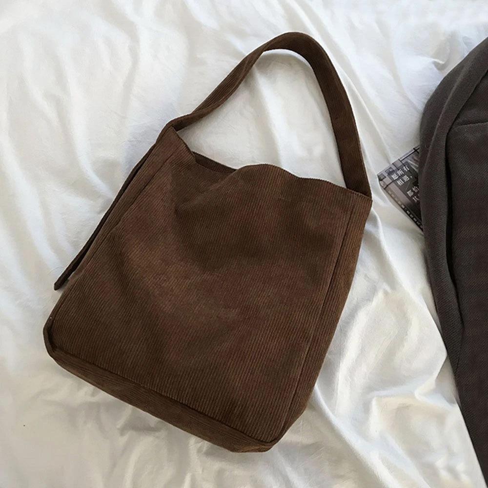 Vintage Corduroy Shoulder Bag With Large Capacity Handbag Casual Underarm Bucket Bags For Travel School And Shopping