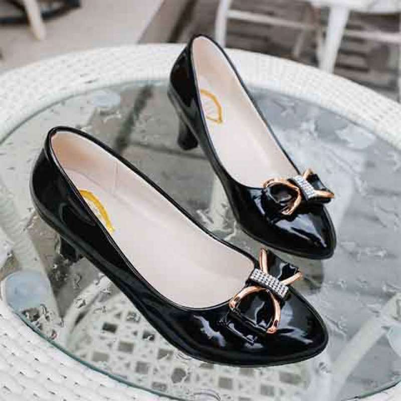 Spring and Autumn Versatile Single Shoes Women's High Heels Black and White Work Shoes High Heels Medium Heel Bow Women's Thick Heels Women's Shoes