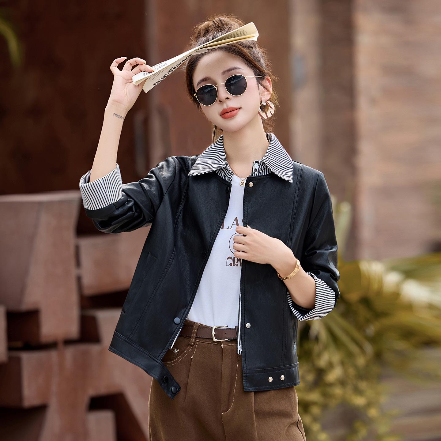 

Женская куртка из натуральной овчины, Осень 2025, Короткий полосатый дизайн Extra Large чёрный