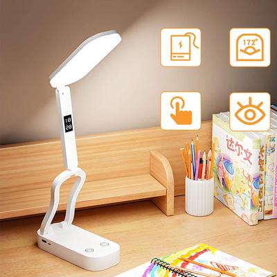 Reloj LED de escritorio regulable, plegable, luz nocturna, protección ocular, lámpara de lectura USB