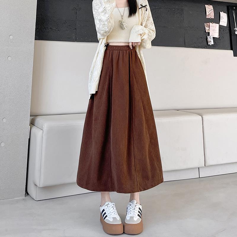 Women's High-Waisted Knit A-Line Midi Skirt, Spring/Autumn, Petite Pumpkin Umbrella Style