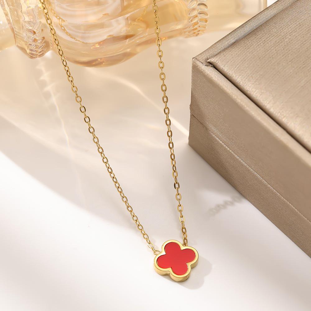 Polished Titanium Steel Clover Pendant Necklace with Mother-of-Pearl Insets