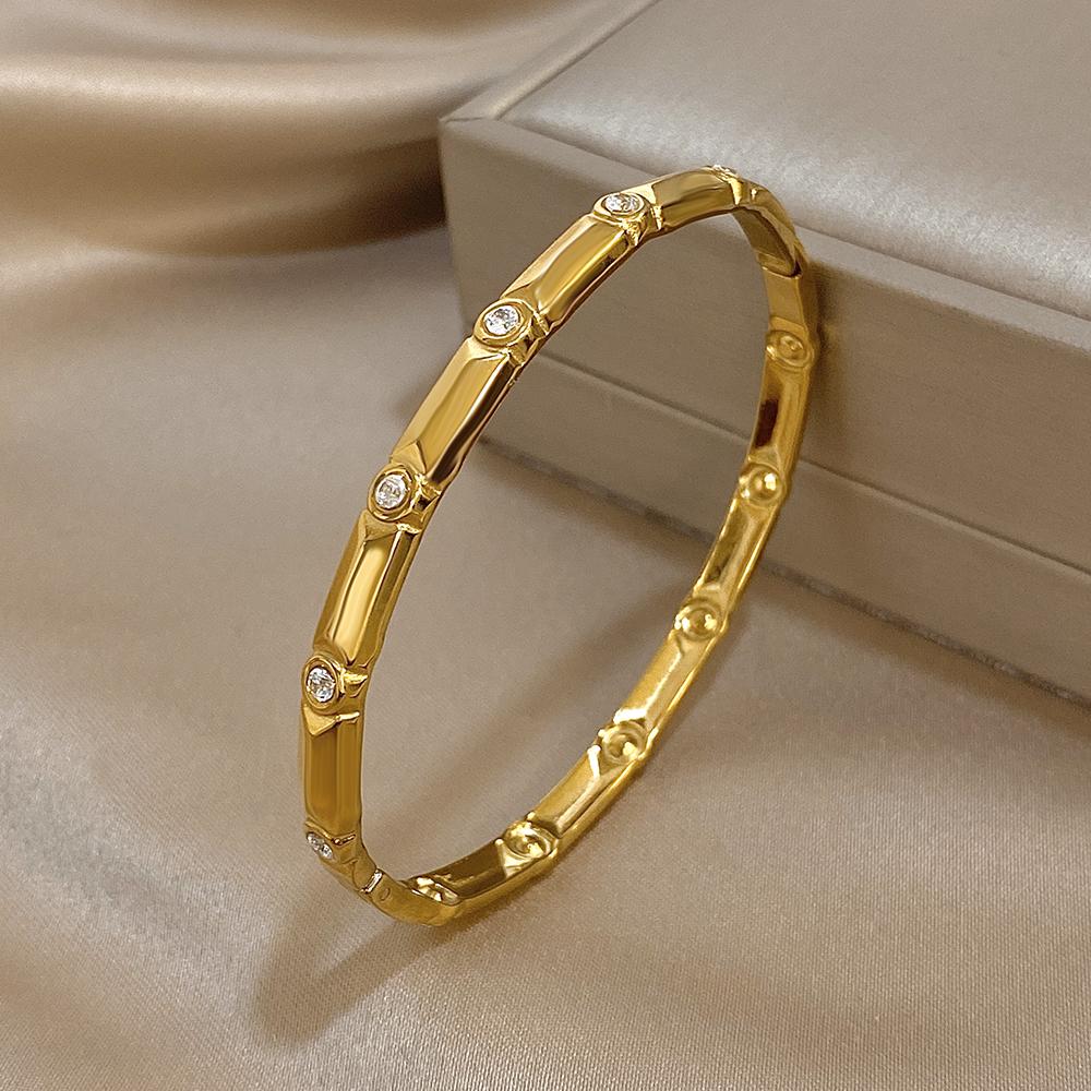 Unique Rhinestone Bamboo Stainless Steel Bracelet for Women Fashion Gold Color Stacked Cuff Bangle Bracelets Waterproof Jewelry