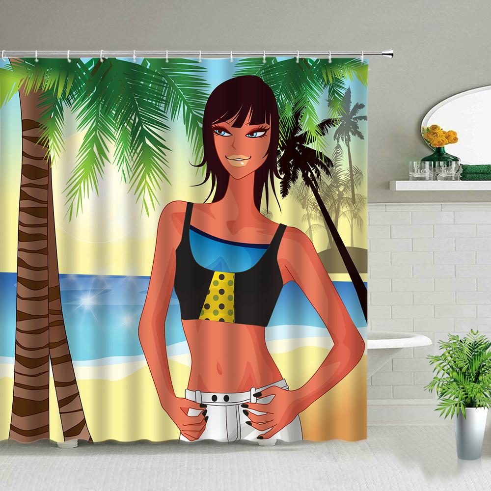 Sonnenlicht Strandmädchen Palme Surfbrett Landschaft Duschvorhänge Sexy Frau 3D-Druck Schicker Vorhang Badezimmerdekor Mit Haken