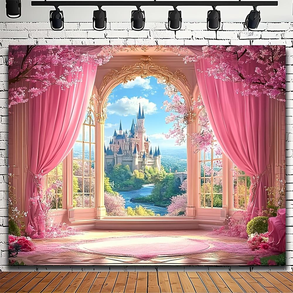 1 banner supradimensionat Castelu de Vis cu Trandafiri Roz de Primăvară - fundal hipnotizant din poliester cu flori de cireș și castel maiestuos
