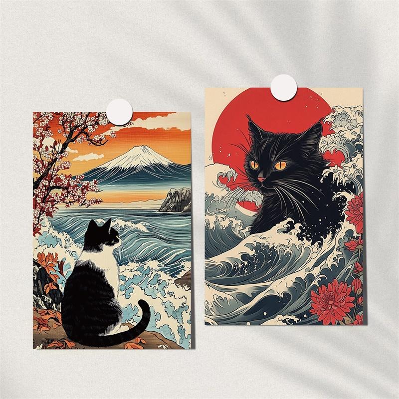 10PCS Vintage Japanese Cat Colored Paper Stickers Aesthetic DIY Children's Decoration Scrapbooking Stationery Supplies
