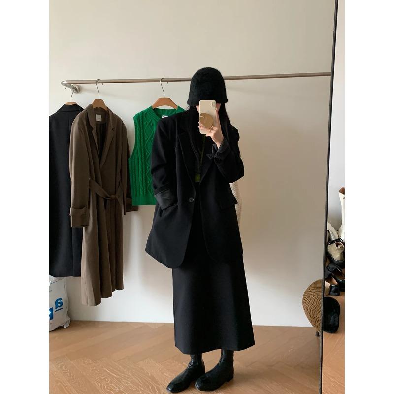 With Sweater Coat Skirts Autumn and Winter New Gray Back Slit Suit Skirt