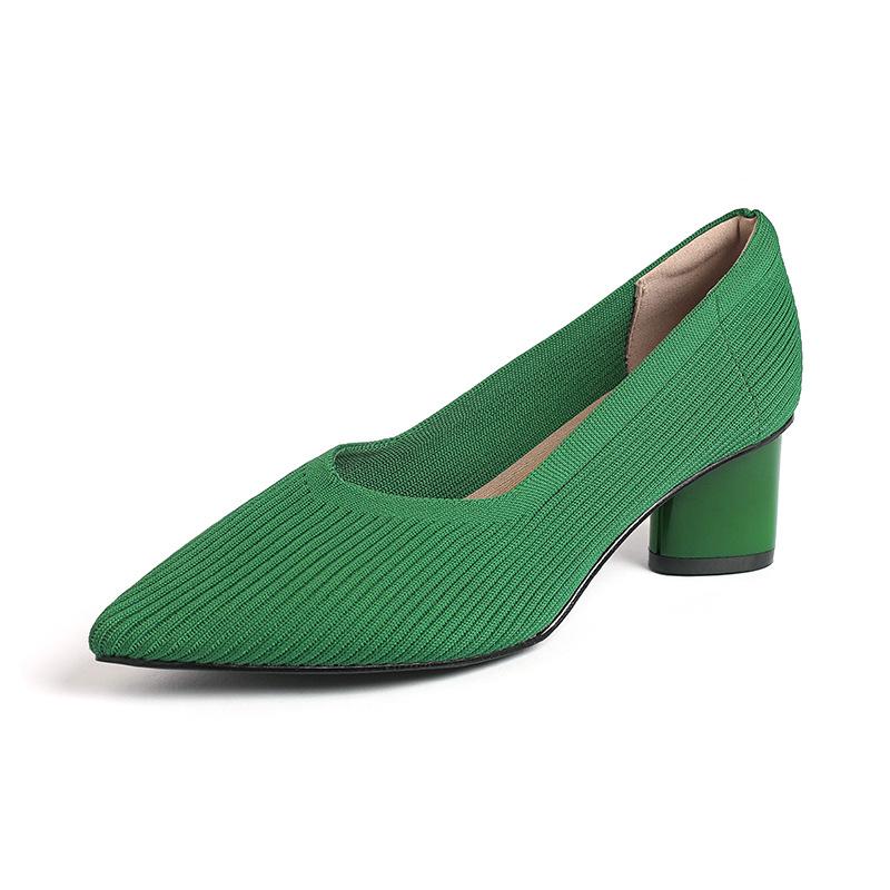 Fashion 2025 Pointed Toe Middle Heel Breathable Comfortable Knitted Shoes Women Shallow Mouth Chunky Heel Fashion Zapatos De Mujer Pumps