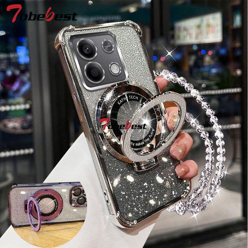 

Противоударный чехол-браслет с кристаллами и блестящим покрытием для телефона Magsafe для Xiaomi Redmi Note 14 13 13R 12 11 10 9 Pro 4G 5G Redmi Note 13R серебряный