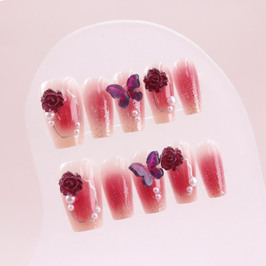 Camellia Bright Sparkle Butterfly Glitter Long Press-on Nails - Handmade Nail Tips for a Blush Whitening Complexion Extra Small