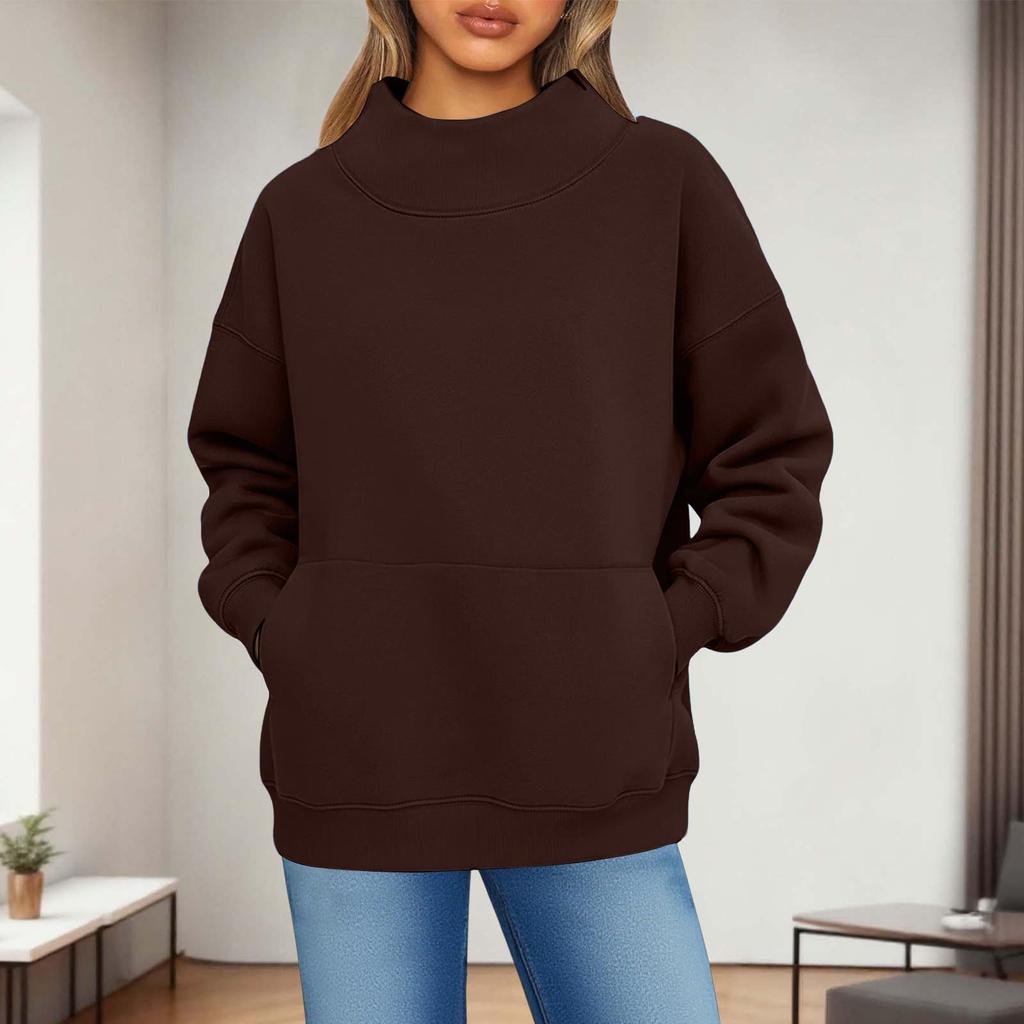 Damen Modisch Lässig Einfarbig Rundhals Langarm Tasche Sportlich Lässig Pullover Sweatshirt Top