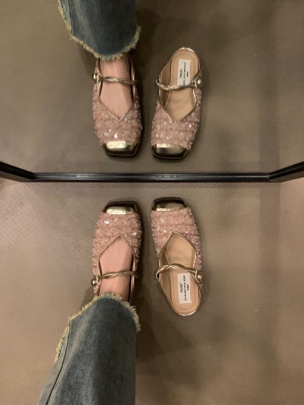 Women's Bag Head Half Slippers, Women's Summer Wear Black Sequins, Fairy Evening Shoes, Flat-soled Small Fragrant French Sandals