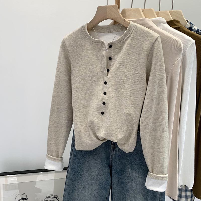 

Mousse Imitation Cashmere Henley Long Sleeve Top for Women – Autumn/Winter Spicy Style Base Layer L
