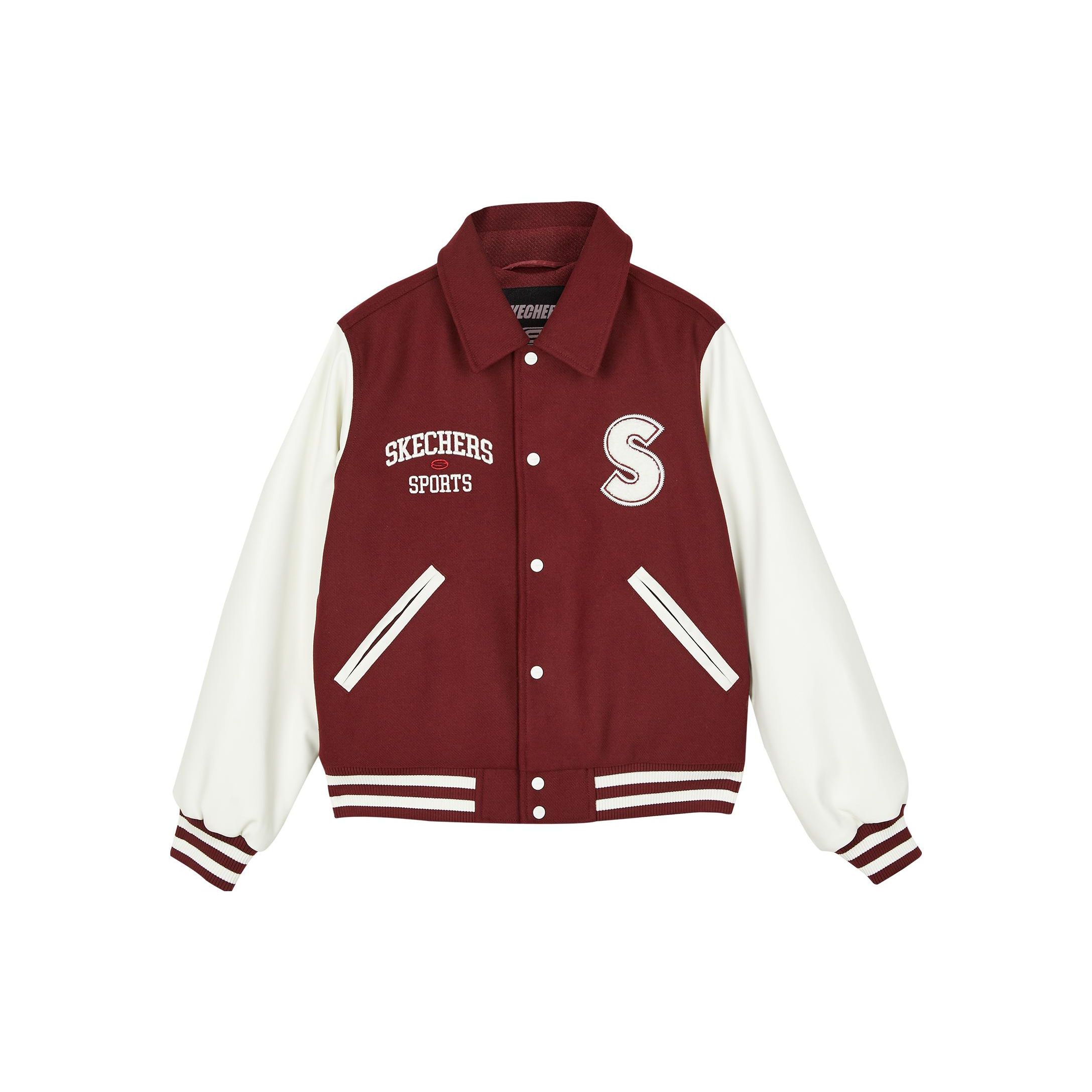 Skechers Color Block Letter Print Woven Polo Baseball Cotton Jacket Women jackets Grape-Red L423W002-003T S
