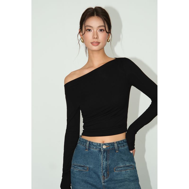 

Dark Blue Shoulder T-shirt Stylish Knitting Bottoming Shirt Black In Stock S