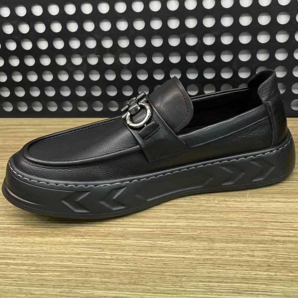 British Men's 2025 Doudou Shoes Black Men's Fashion Trend Short Foot Cover Style Casual Leather Shoes One Pedal