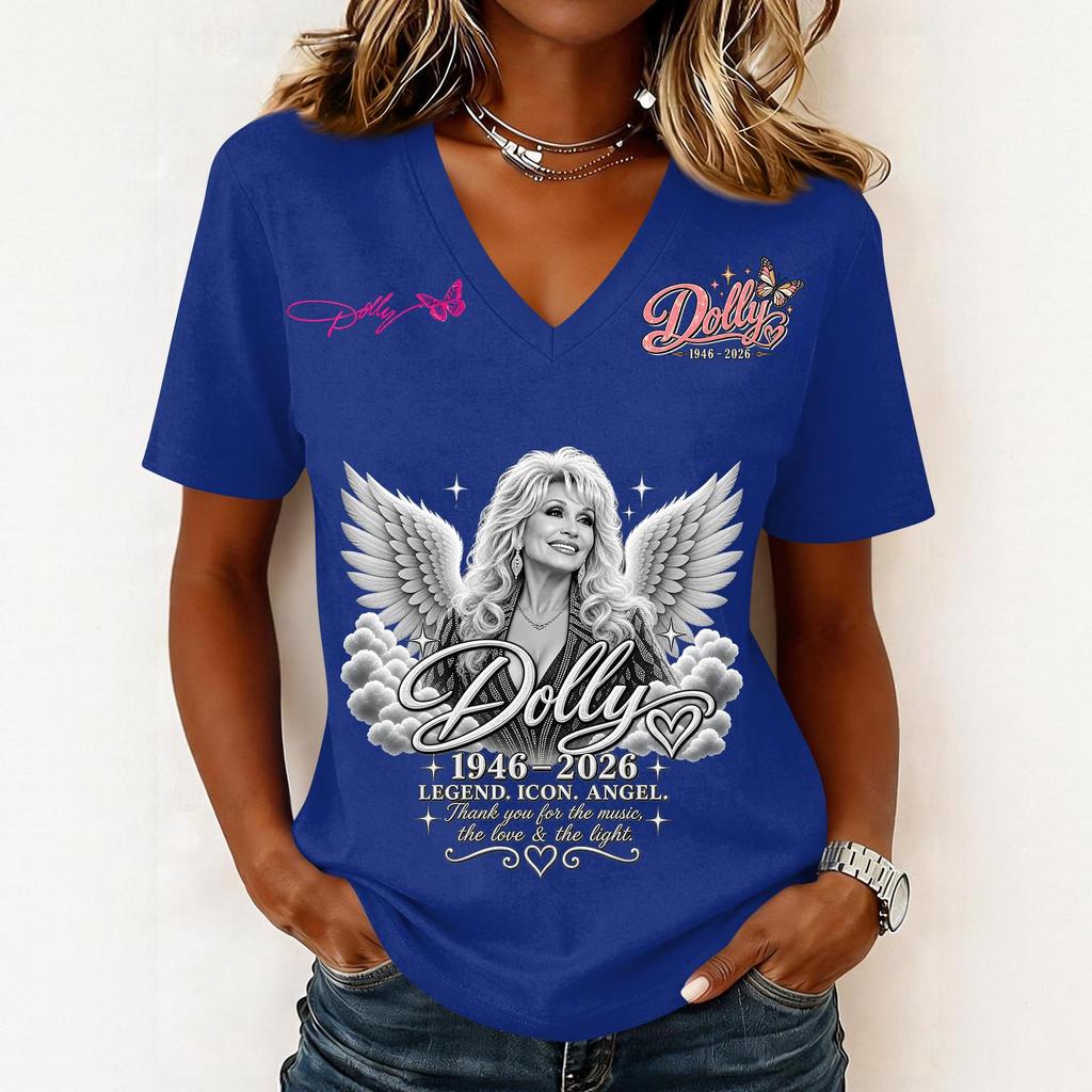 Women's Fashion Casual Letter Print V-Neck Short Sleeve Pullover Top