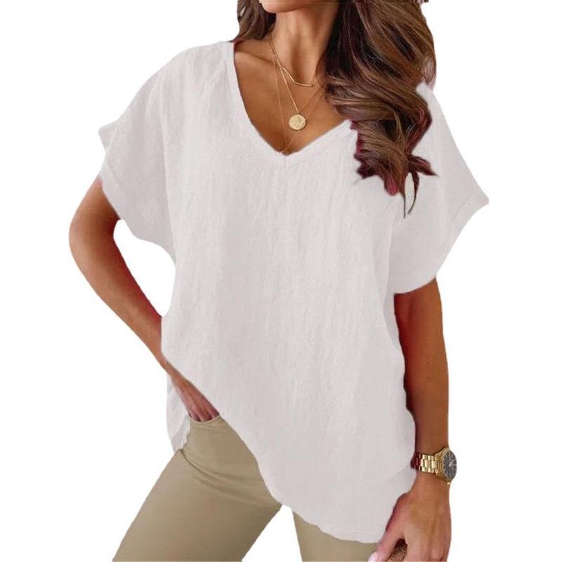 Summer New Short Sleeved V-neck Women T-shirt Solid Color Fashion Elegant Casual Office Blouse Plus Size Basic Loose Simple Tops Women's Clothing