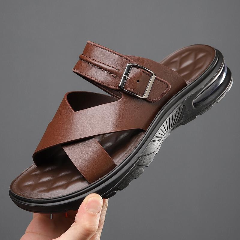 Herren flache Hausschuhe Sommer Braune Römische Sandalen Retro Schwarzes Leder Breite Zehenpartie Strandschuhe für Vater Übergröße