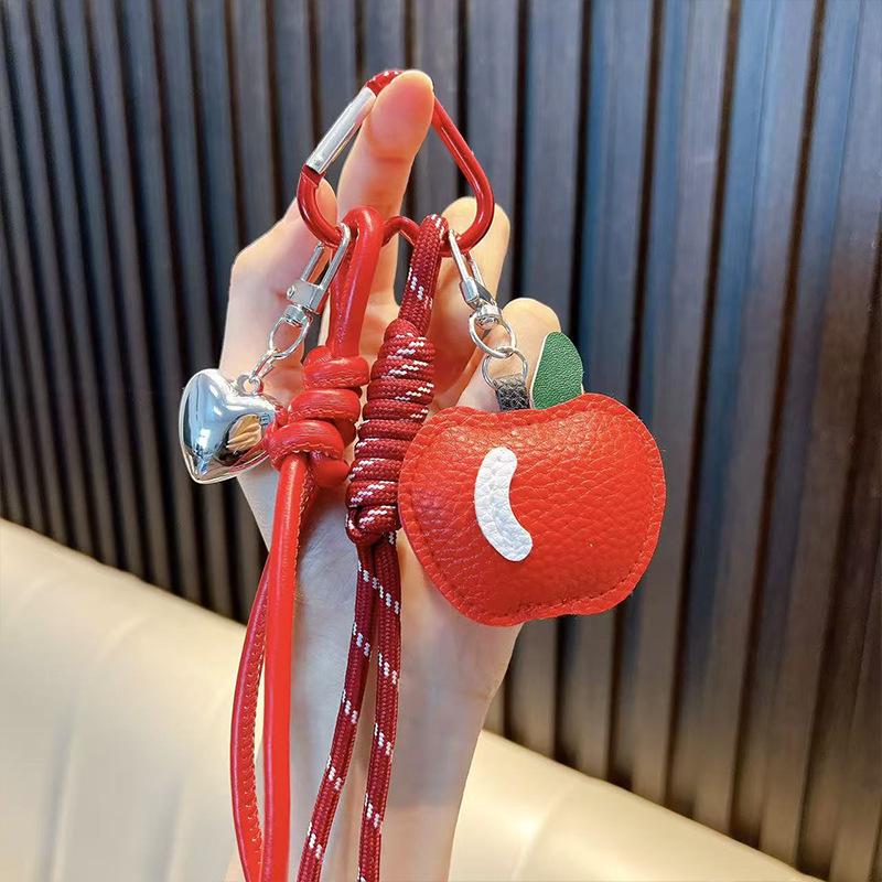 Leather Apple Pendant Keychain with Woven Rope Tassel – Perfect for Car Keys and Christmas Gifts