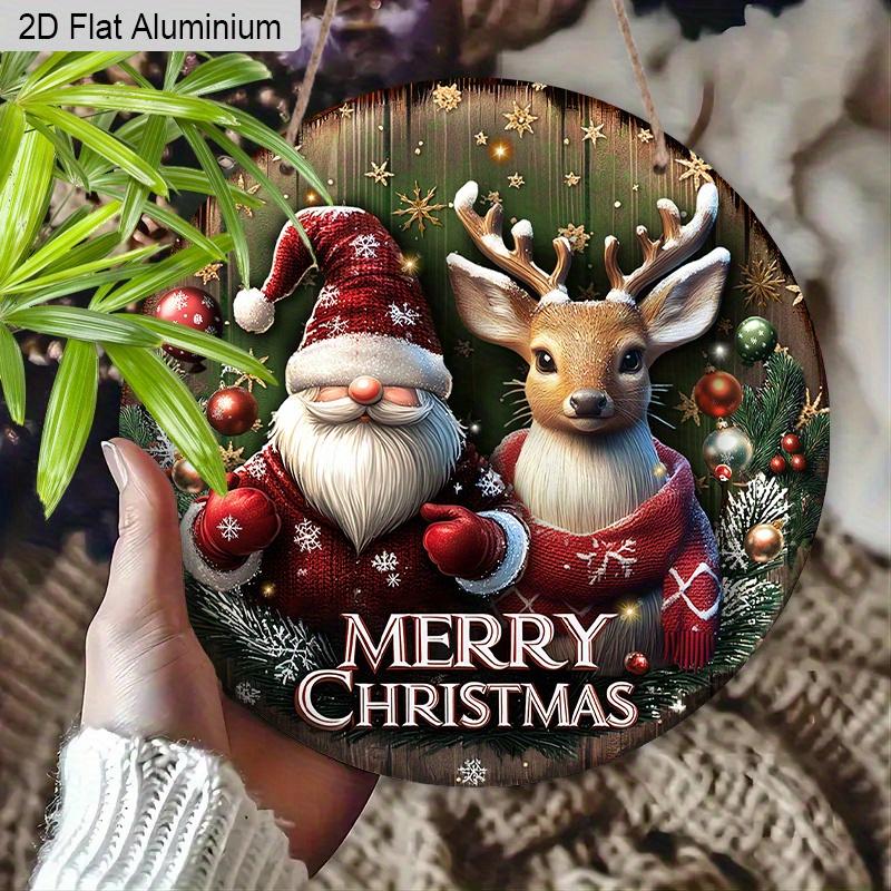 Panneau de Noël Plat en Aluminium 2D avec Motif Père Noël et Élan - Ornements Figurines Rustiques - Idéal pour Porte d'Entrée, Mur, Porche, Décoration de Fenêtre - Idéal