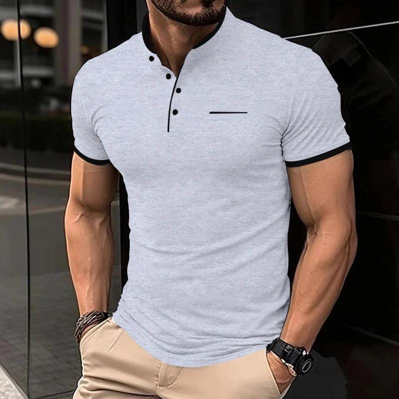 2026 Nouveau T-shirt Décontracté et Mode pour Homme, Couleur Unie, Manches Courtes, Col Montant, Haut Polyvalent et Confortable pour l'Été