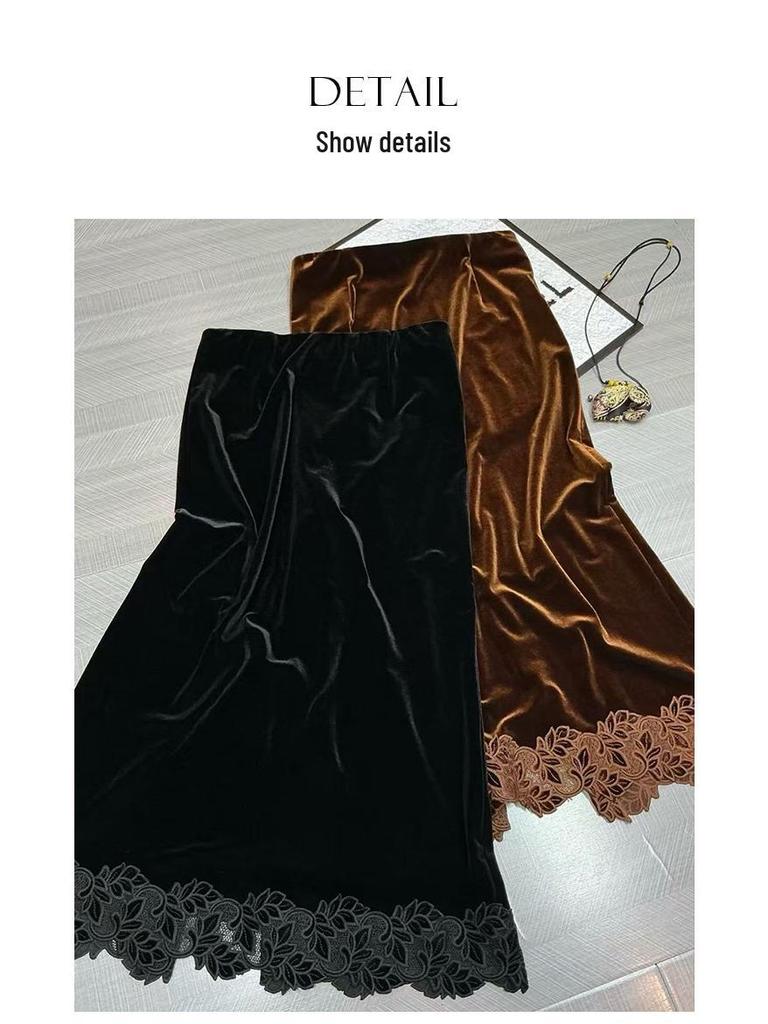 Rongtai Women's Textured Velour Embroidered Lace Hem Bodycon A-line Skirt 2026.