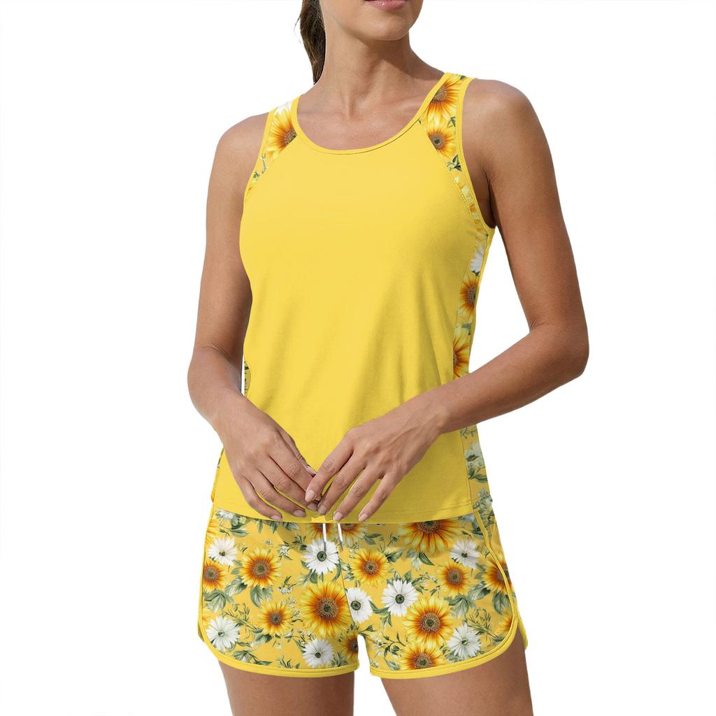 Tankini Swimsuit for Women Two Piece Modest Bathing Suit with Floral Tank Top and Boy Shorts for Tummy Control