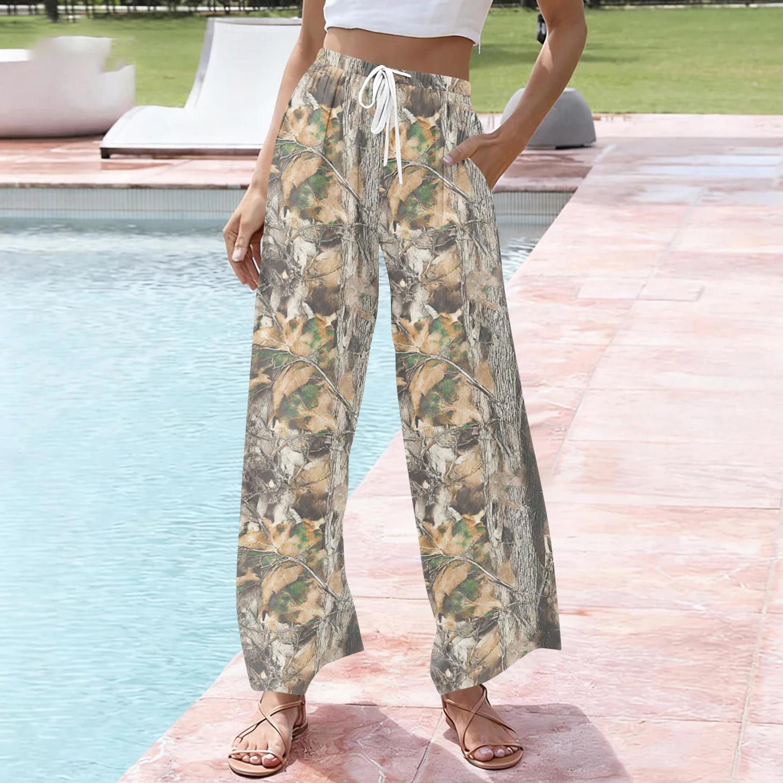 

Women s Casual Printed Wide Leg Drawstring Pocket Beach Casual Pants M