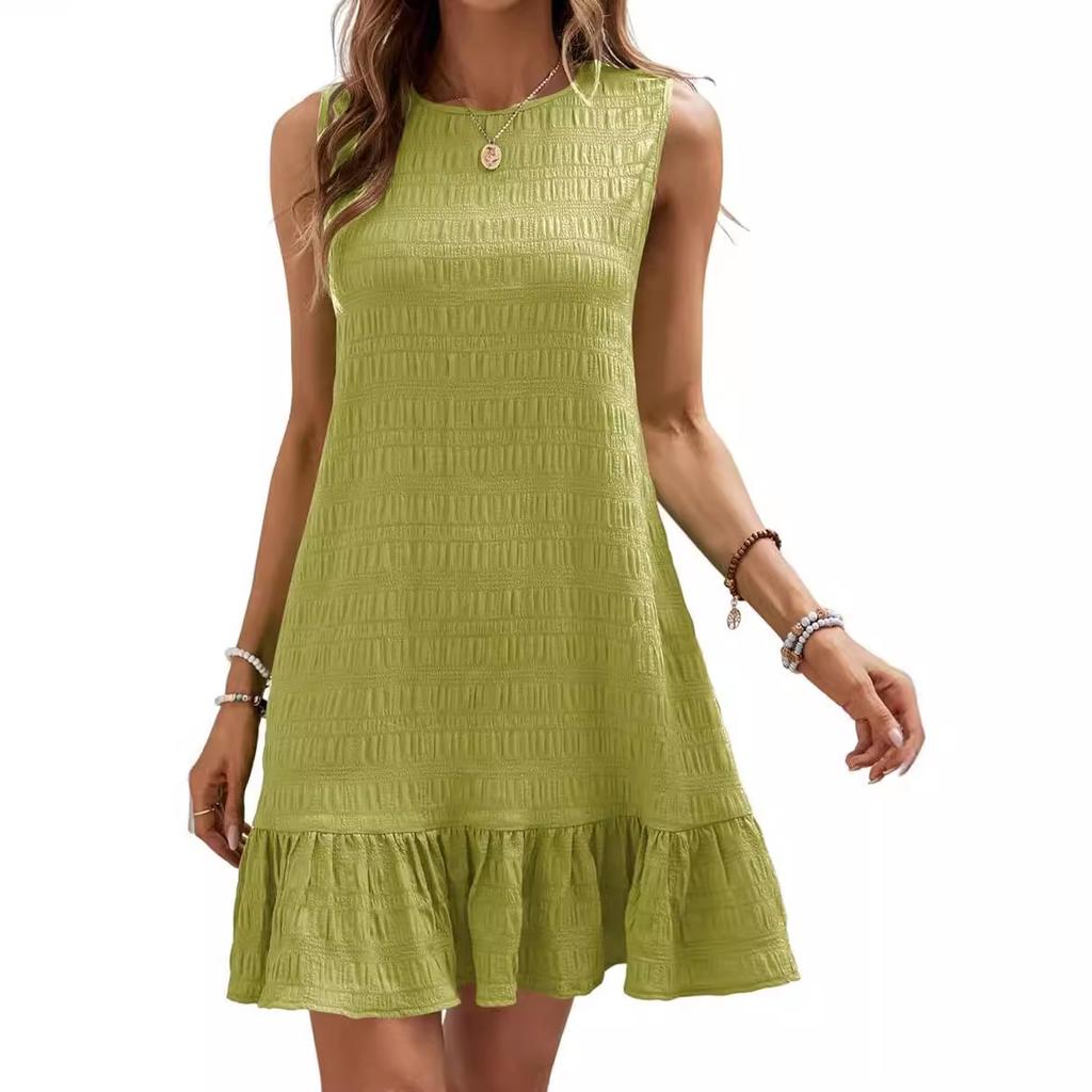 Pleated Fabric Dresses Women O Neck Pullover Sleeveless Splice Hem Dress Female Summer Comfortable Casual Commuter Gown